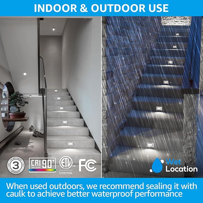 LEONLITE White 5CCT 120V LED Step Lights, 3.5W 150LM 5%-100% Dimmable Horizontal Stair Lights Indoor Outdoor Wet Location, CRI90+ & ETL, 2700K/3000K/3500K/4000K/5000K, Aluminum, Pack of 6