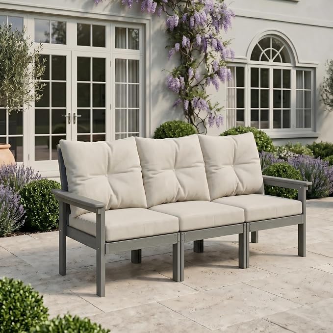 HDPE 4 Piece Patio Furniture Set, All-Weather Outdoor Couch with Thick Cushions & Coffee Table & Side Table, Patio Conversation Sets for Lawn, Garden, Porch, Balcony, Deck, Poolside,Grey Beige