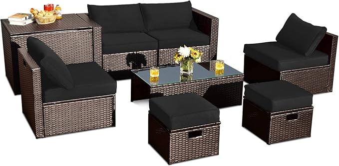 Tangkula 8 Piece Patio Furniture Set, Patiojoy Outdoor Space Saving PE Rattan Sectional Sofa Set for 6 with Waterproof Cover, for Garden, Deck, Poolside and Balcony (Black)