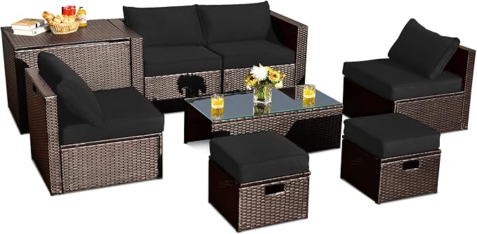 RELAX4LIFE 8-Piece Patio Furniture Set - PE Wicker Conversation Set w/Cushions, Pillows, Tempered Glass Table, Storage Box, Outdoor Sectional Sofa Set for Yard, Deck (Black)