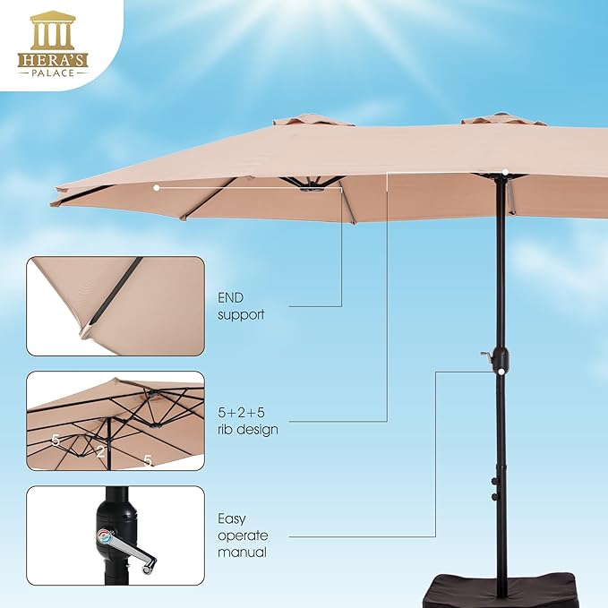HERA'S PALACE Umbrella Patio Outdoor with Base 15ft Rectangle Table Double Market Umbrellas Clearance Large Included Stand for Deck Outside Pool Picnic Inground Yard Commercial, Beige
