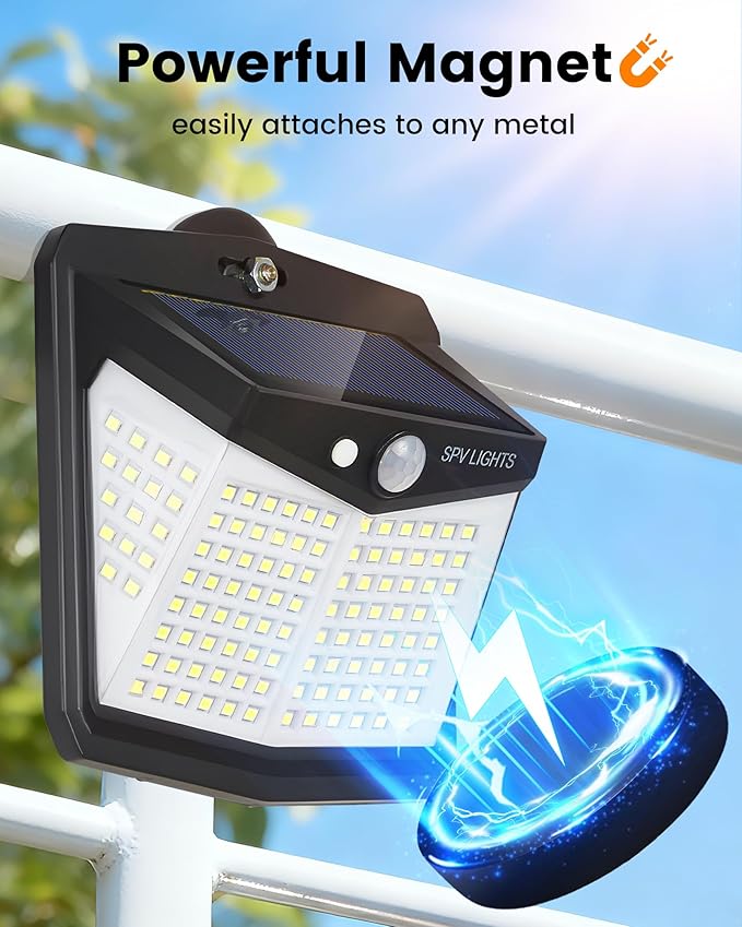 128LED Magnetic Solar Lights Outdoor, Bright Motion Sensor Outdoor Lights with Strong Magnets, Ip65 Waterproof Solar Lights for Chain Link Fence, Patio, Yard, Camper, RV(1Pack)