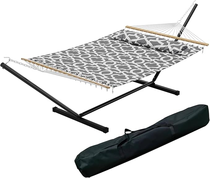 Double Hammock with Stand, 475 Lbs Heavy Duty Hammock with Stand for Outside, Quilted Fabric Portable Hammock for Patio Garden and Hammock Camping, 2 Person Outdoor Hammock Set, Light Gray