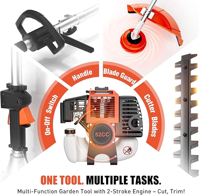 Baotree 52cc 3 in 1 Multi Functional Trimming Tools, 2-Stroke Brush Cutter Gas Powered,Gas Weed Eater Trimmer with 3 Detachable Trimming Heads for Weeds and Grass