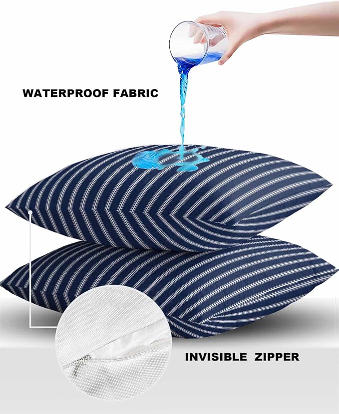 Outdoor Waterproof Throw Pillow Covers 24x24in, Nautical Stripes Cushions for Garden Patio Furniture Chairs Set of 2, Navy Blue Home Decor Couch Sofa Polyester Pillow Cases