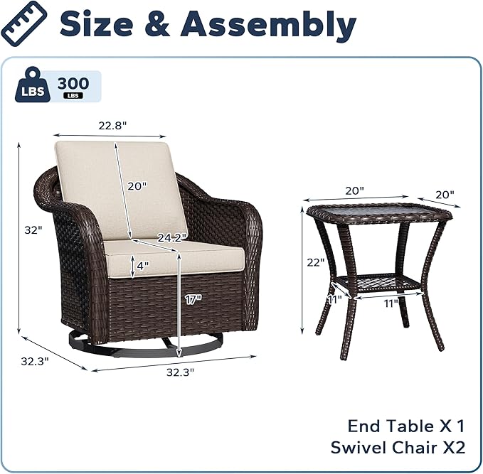 Outdoor Swivel Chairs with Side Table, Patio Wicker Chairs, Outside Conversation Furniture Set with Washable Cushions for Sunroom, Gazebo, Poolside (Beige)