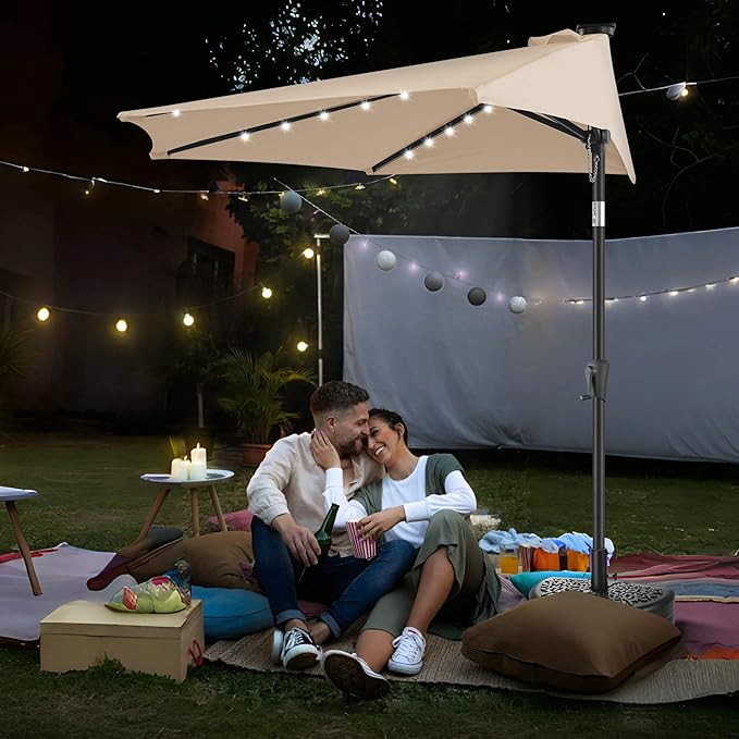 9FT Solar Half Umbrellas Outdoor - LED Half Patio Umbrella with 25 Lights, UV Protection Waterproof, Half Round Umbrella for Wall Balcony, Pool, Porch, Garden, Deck, Backyard, Beige