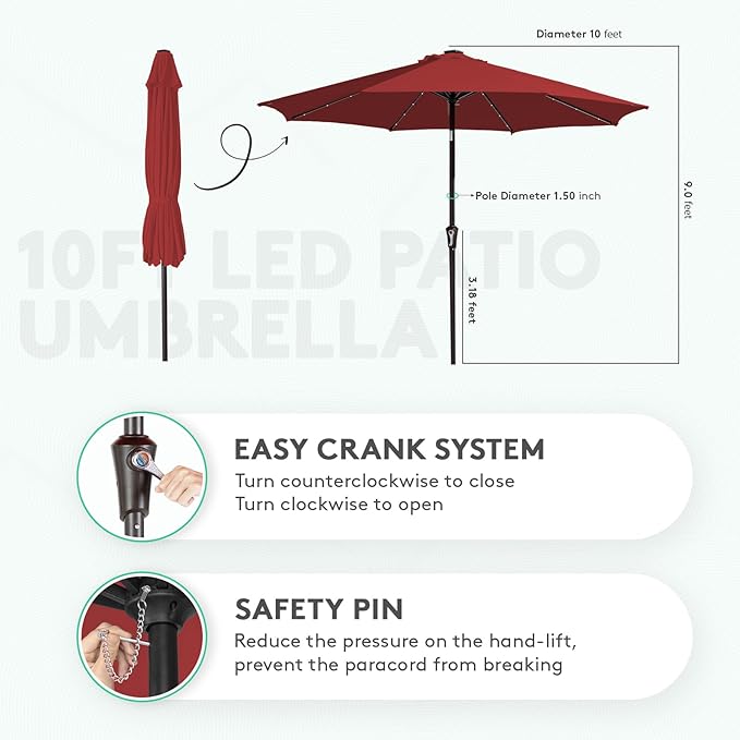 JEAREY Upgrade 10FT LED Lighted Patio Umbrella, Solar Outdoor Umbrella, Tilt Table Umbrella for Pool(Red)