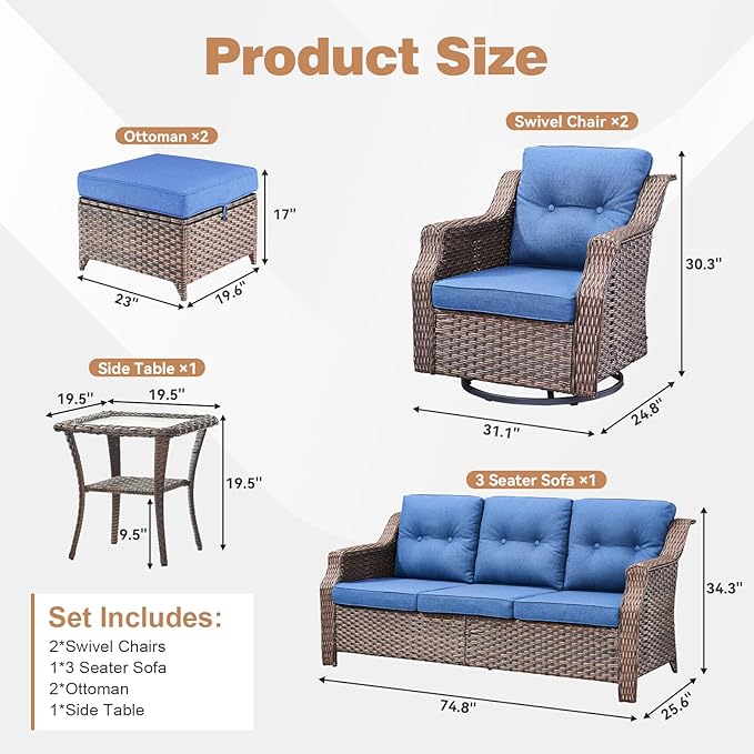 Outdoor Swivel Rocking Chair Set (6-Piece), Rocking Chair with Sofa and Coffee Table Set, Crafted from PE Rattan with an Elegant Side Table, Ideal for Gardens and Patios, Brown/Blue
