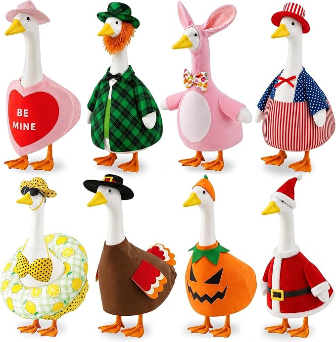 8 Set Holiday Porch Goose Outfits 23 inch All Seasons Goose Clothes for Valentine St. Patrick Easter Summer 4th of July Fall Halloween Christmas, Lawn Porch Gooses Clothing for Patio Yard Decor
