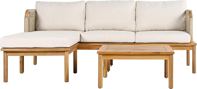 Merax Outdoor 3-Piece Acacia Wood & Rope Patio Sofa Set with Ottoman and Table, Water-Repellent Cushions, for Garden & Patio
