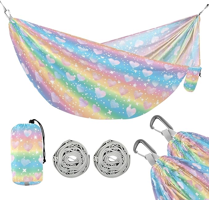 Camping Hammock Outdoor Hammocks for Outside Pastel Rainbow Heart Beach Trees Portable Lightweight with Pockets Tree Straps Indoor