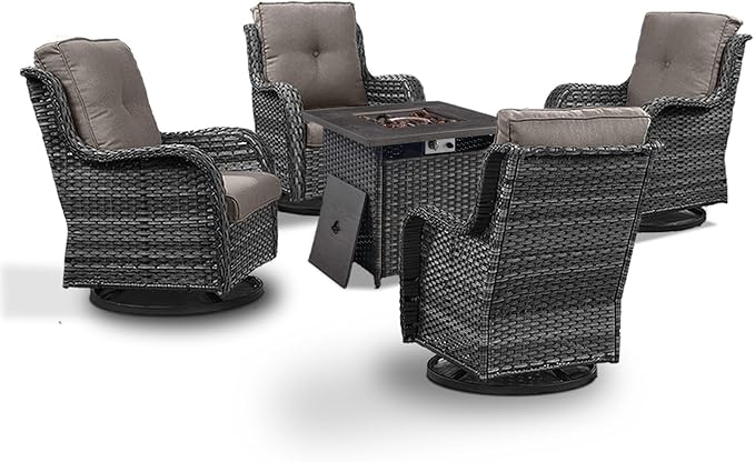 Wicker Patio Furniture Set- 4 Pieces Outdoor Swivel Rocker Chairs with 50,000 BTU Fire Pit Table,PE Rattan Outdoor Conversation Set for Garden Porch Deck