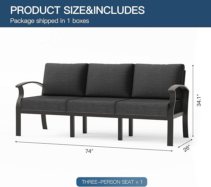 Metal Outdoor Patio Furniture Set for 3,Aluminum Patio Sectional Three-Person Seat w/Removable Sponge Cushion,Outside Furniture for Porch, Balcony, Yard,Black