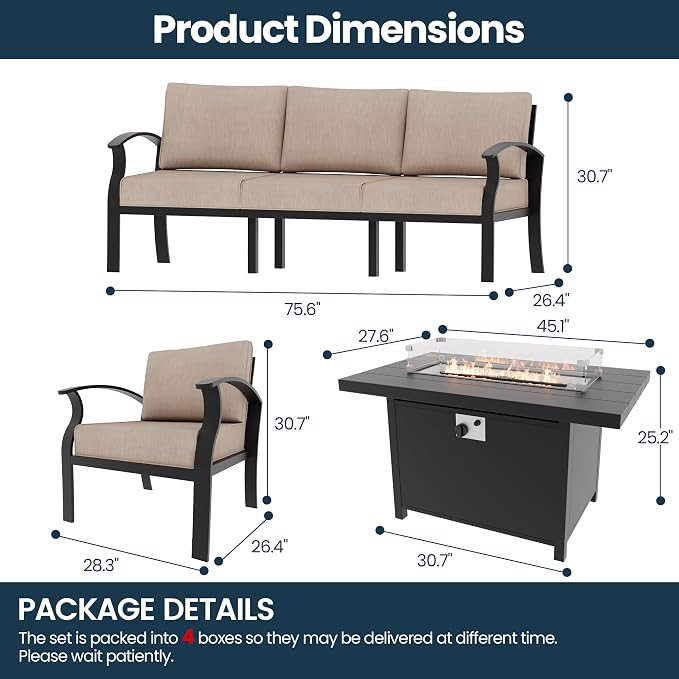 Aluminum Outdoor Patio Furniture Set,4 Pieces 5 Seats Patio Conversation Sets with 45" Propane Fire Pit Table,Metal Patio Sectional Furniture Set with Thick Cushion,Sand
