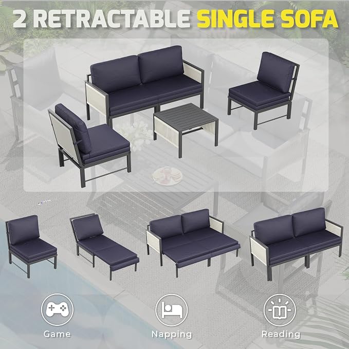AECOJOY Aluminum Patio Furniture Set 8 Seats Outdoor Sectional Couch with Coffee Central Table Patio Conversation Sets for Porch Deck (Dark Blue, 8PCS, 8 Seat)