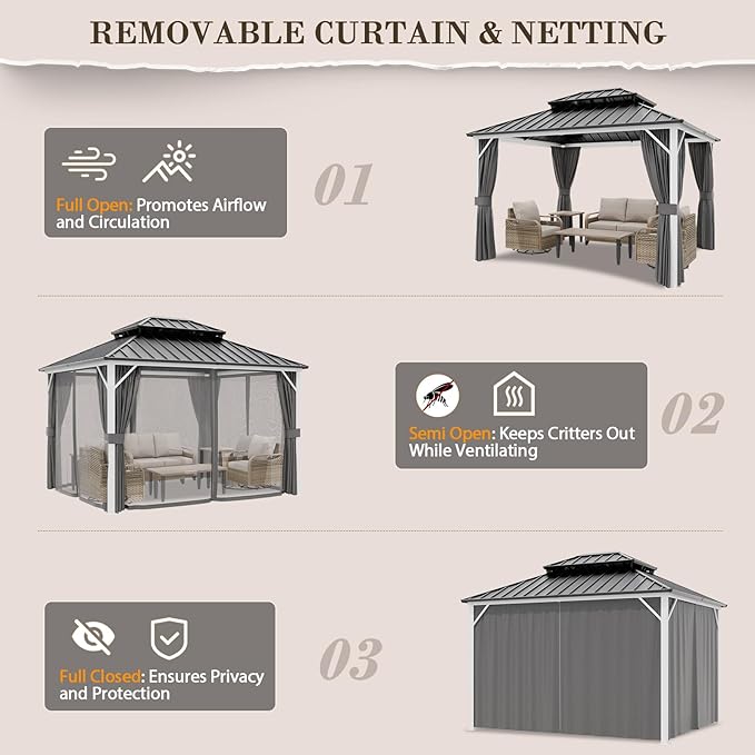 EAGLE PEAK 12x10 Hardtop Gazebo, Galvanized Steel Double Roof with Aluminum Frame, Outdoor Pavilion with Netting and Curtains for Patio, Deck, Lawn and Garden, White/Gray