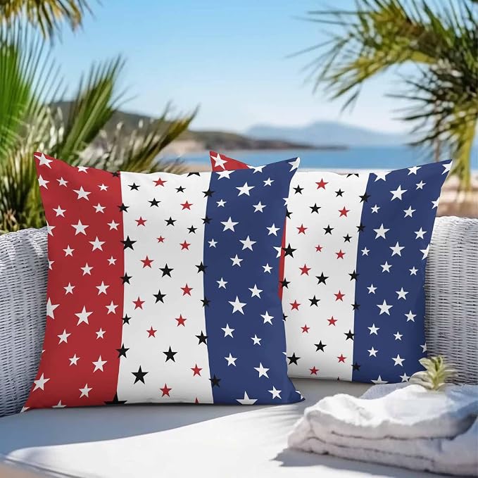 Vandarllin Outdoor Throw Pillows Covers 16X16 Set of 2 Waterproof July 4th Decorative Zippered Cushion Covers for Patio Furniture, Red White Blue Lumbar Pillowcases Independence Day Americana Stars