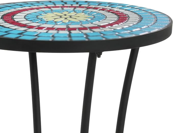 Outdoor Metal Side Table with Ceramic Tile Top Mosaic Patio Side Table and Plant Stand Tables, Round Side Table Iron End Tables for Yard Porch Balcony Garden, Daisy Blue