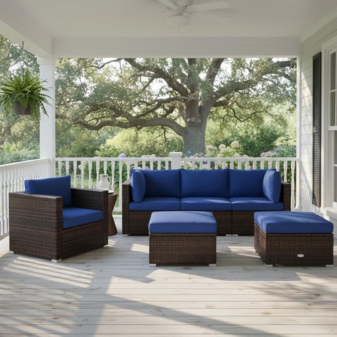Tangkula 6 Pieces Wicker Patio Furniture Set, PE Rattan Outdoor Sectional Conversation Set with Glass Coffee Table & Ottoman, Wicker Sofa Set with Cushions for Yard Garden, Deck, Porch, Navy