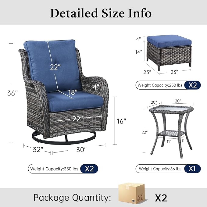 Outdoor Patio Furniture Set-5 Piece Outdoor Swivel Rocker Chairs with Ottomans Patio Furniture Set for Deck Balcony Poolside Backyard-Grey/Blue