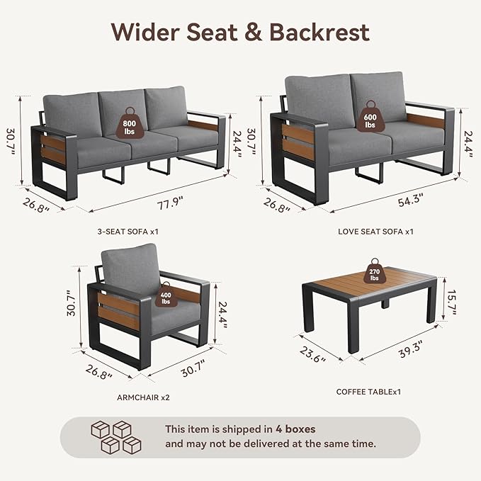 Aoxun Aluminum Patio Furniture Set, 7 Seats Luxury Metal Patio Conversation Sets with Coffee Table, Thick Cushions and Waterproof Cover, Modern Outdoor Furniture Set for Backyard/Poolside, Light Grey