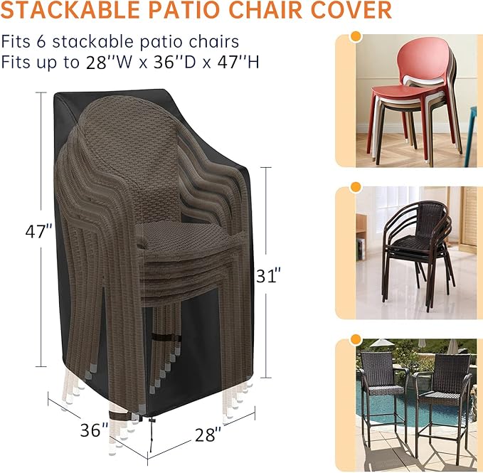 Patio Chair Covers, High Back Outdoor Chair Covers Waterproof, 600D Heavy Duty Lawn Outside Barstool Chair Covers,Fits for 4-6 Stackable Dining Chairs,28"W x 36"D x 47"H, 1 Pack