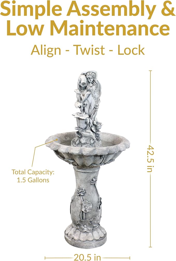 Sunnydaze Fairy Flower Solar Water Fountain - 42-Inch Outdoor Water Feature with LED Light - for Garden, Patio, Decks
