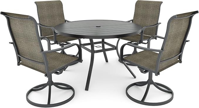 Anmutig 5 Pieces Outdoor Patio Dining Set, 48" Round Outdoor Dining Table with Umbrella Hole & 4 Swivel Textilene Dining Chairs for Backyard Bistro Outdoor Furniture Set Tan Grey