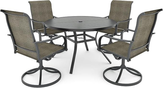 Anmutig 5 Pieces Outdoor Patio Dining Set, 48" Round Outdoor Dining Table with Umbrella Hole & 4 Swivel Textilene Dining Chairs for Backyard Bistro Outdoor Furniture Set Tan Grey