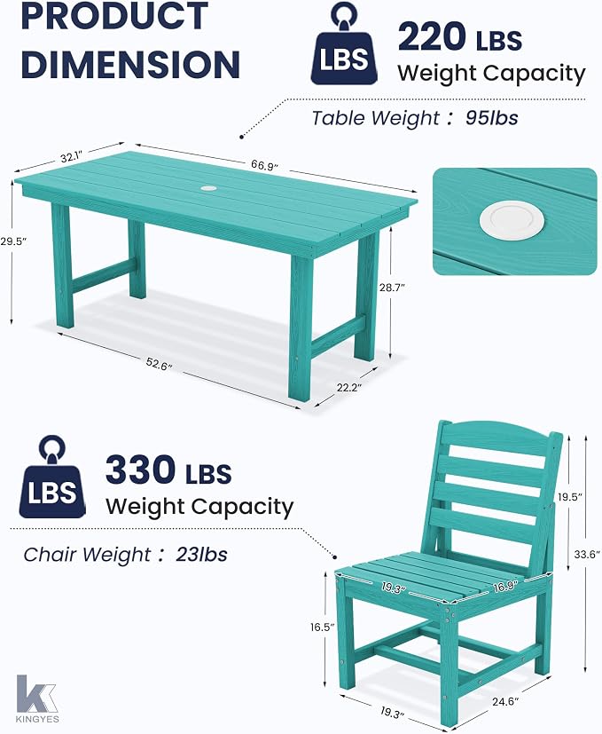 KINGYES 6-Piece Patio Dining Set, HDPE Table, Bench and Armless Chairs Outdoor Furniture Set with Umbrella Hole, Aruba