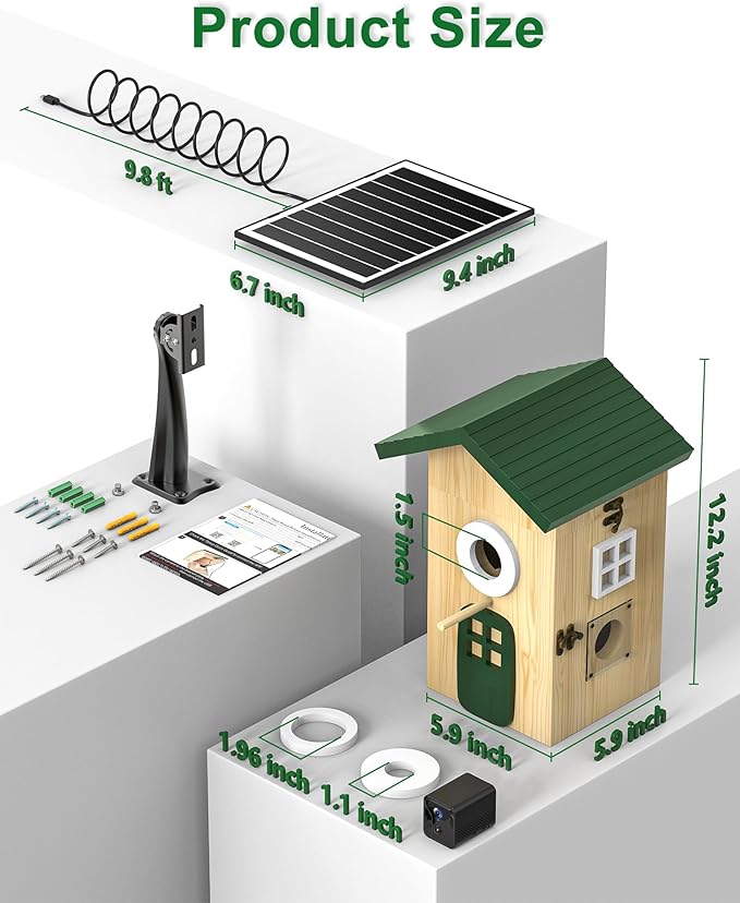 Smart Bird House with Camera Solar Powered, 2K HD Wi-Fi Bird Watching Camera for Birdhouse, Auto Detect & Notify, Night Vision, APP Control, Wooden Birdhouse with Camera Inside（Door & Window）