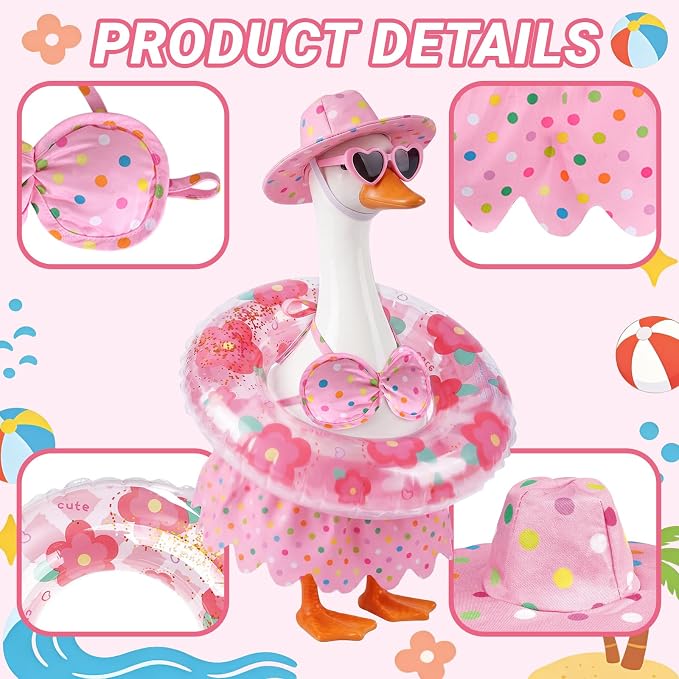 hoyuwak Bikini Goose Outfits Summer Hawaiian Porch Goose Outfits with Swimming Ring Sunglasses Hat for 23" Geese Yard Decor