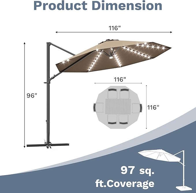 Devoko 10ft Solar LED Patio Umbrella, Round Cantilever Outdoor Umbrella with Solar Lights and 360-Degree Rotation, Large Hanging Offset Market Umbrella with Easy Tilt for Patio Deck Garden,Brown
