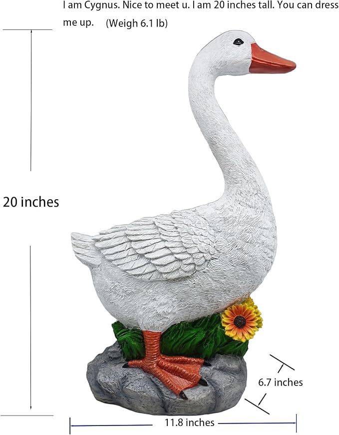 Joyful Porch Goose Statue Cygnus, Classic, Detailed, Big Resin Garden Lawn Yard Décor, Sculpture, 20 inches High Figurine, Duck, Indoor and Outdoor, by GGTown TM