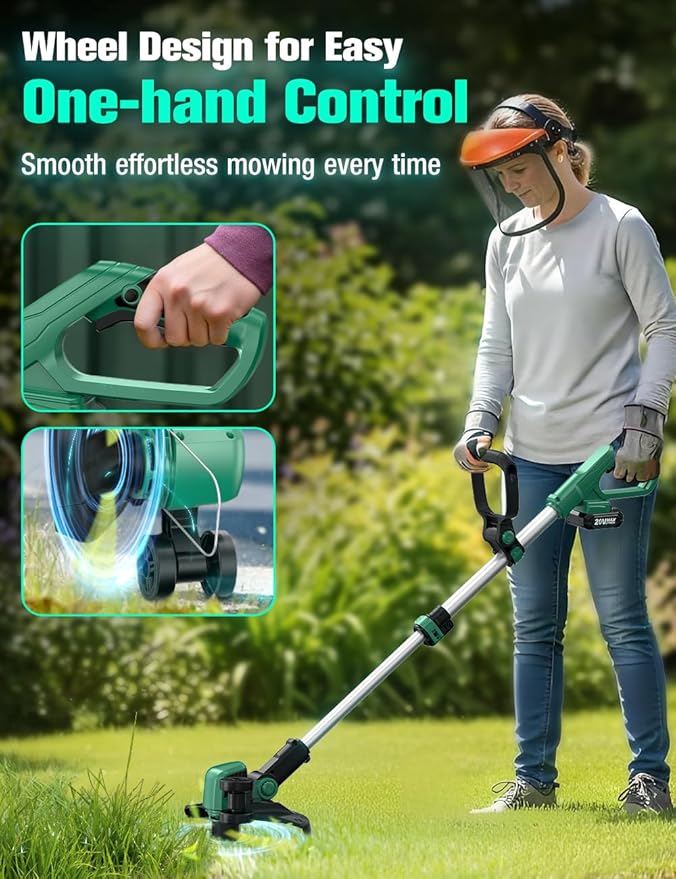 KIMO Cordless Weed Wacker Battery Operated w/ 2 x 2.0Ah Batteries, 12" Weed Eater w/10Pcs Dual-Sided Cutting Lines & Rapid Reload, 2-in-1 String Trimmer & Edger with Wheels, 20V Grass Trimmer for Lawn