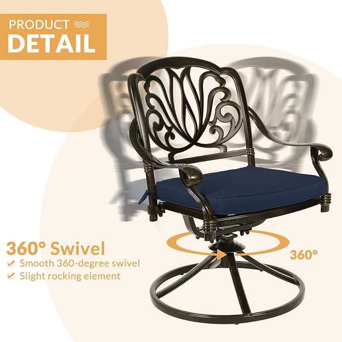 7-Piece Outdoor Patio Dining Set, 60” Rectangular Cast Aluminum Dining Table with Umbrella Hole and 6 Cushioned Swivel Rocker Chairs, Patio Funiture Set for Backyard, Patio, Garden, Navy