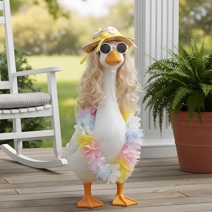 Funny 4Pcs Hawaiian Porch Goose Outfits Set, Colorful Floral Lei, Straw Hat with Bow, Sunglasses & Blonde Wig, Summer Lawn Goose Costume for 17"/23" Statue, Outdoor Patio Garden Decoration(Blonde)