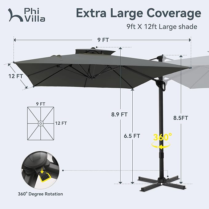 PHI VILLA 9' x 12' Rectangular Cantilever Patio Umbrella with Hydraulic Lift & 360° Rotation – Heavy Duty Windproof Offset Umbrella for Pool, Deck or Garden, Grey