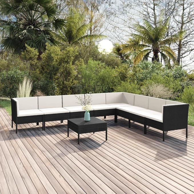 Patio Lounge Set with Cushions,Patio Furniture Sets,Patio Conversation Sets,Outdoor Furniture Sets,for Garden,Backyard,Outdoor,9 Piece Poly Rattan Black