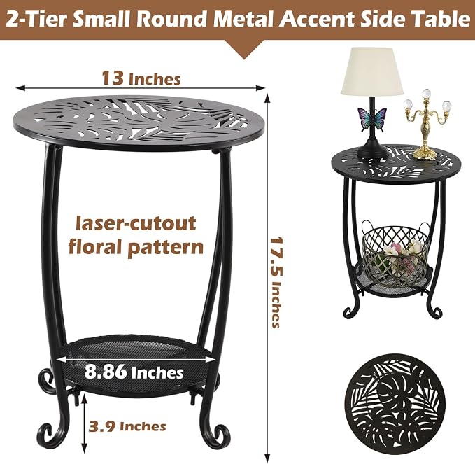 2-Tier Metal Round Side Table Set of Two Black Accent Coffee Tables Small Space Corner Plant Stand Shelf for Indoor Outdoor Porch Patio Balcony Living Room End Table with Storage Weather-Resistant