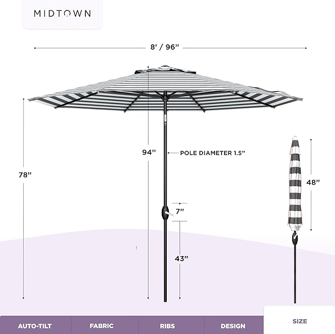 Midtown Umbrellas The Lean 8 Feet Outdoor Umbrella With Terylast Matter Stripes (Grey/White Stripes) Polyester Fabric - Auto-Tilt Aluminum Frame Patio Umbrella For Deck, Garden, Pool - Black Pole