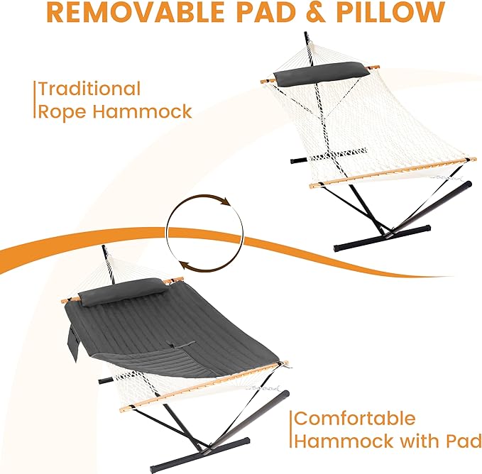 Lazy Daze Hammocks 2 Person Portable Hammock with 12FT Stand, Double Hand Woven Cotton Rope Hammock with Detachable Quilted Pad & Pillow for Outside, 450lb Capacity, Grey