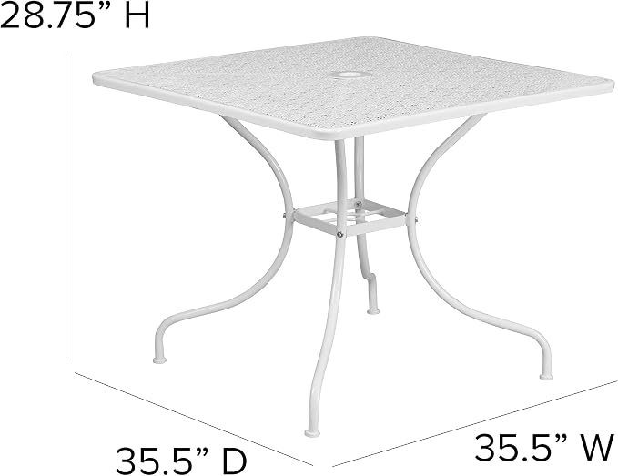 EMMA + OLIVER Commercial Grade 35.5" SQ White Indoor-Outdoor Steel Patio Table - Umbrella Hole