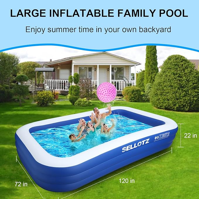 SELLOTZ Inflatable Pool for Kids and Adults, 120" X 72" X 22" Oversized Thickened Family Swimming Pool for Toddlers, Outdoor, Garden, Backyard, Summer Water Party