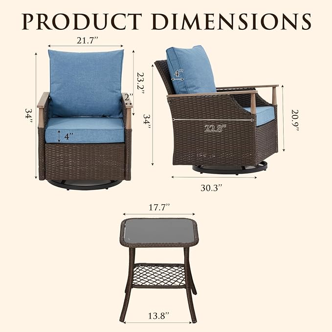 MELLCOM 3 Pieces Patio Furniture Set, Wicker Swivel Glider Chairs with Side Table and Thick Cushions, All Weather Rattan Bistro Set for for Patio, Garden, Backyard and Porch