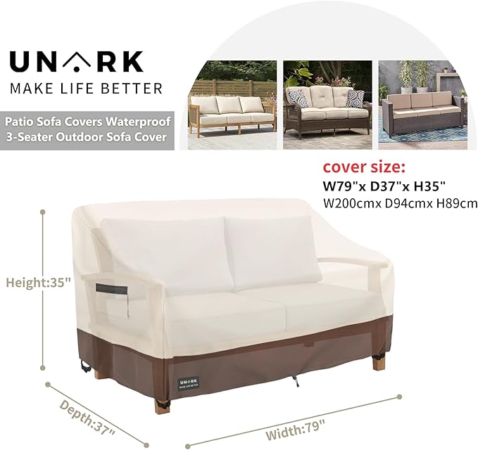 Patio 3-Seater Sofa Cover, 3 Seater Outdoor Couch Cover Waterproof Couch Covers Fits up to 79W x 37D x 35H Inches, Waterproof Heavy Duty Patio Furniture Covers, Beige and Brown