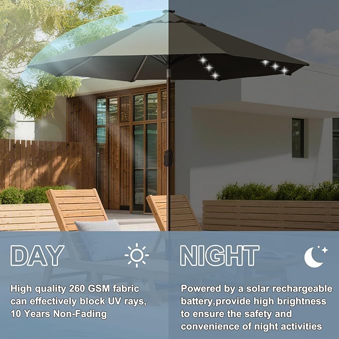 EliteShade USA 10-Year-Non-Fading 10ft Market Patio Umbrella, Commercial Grade Table Sun Umbrella with 80 Solar LED Lights, Crank Open, Windproof & UPF 50+ UV Protection for Garden, Deck, Pool, Backyard, Taupe