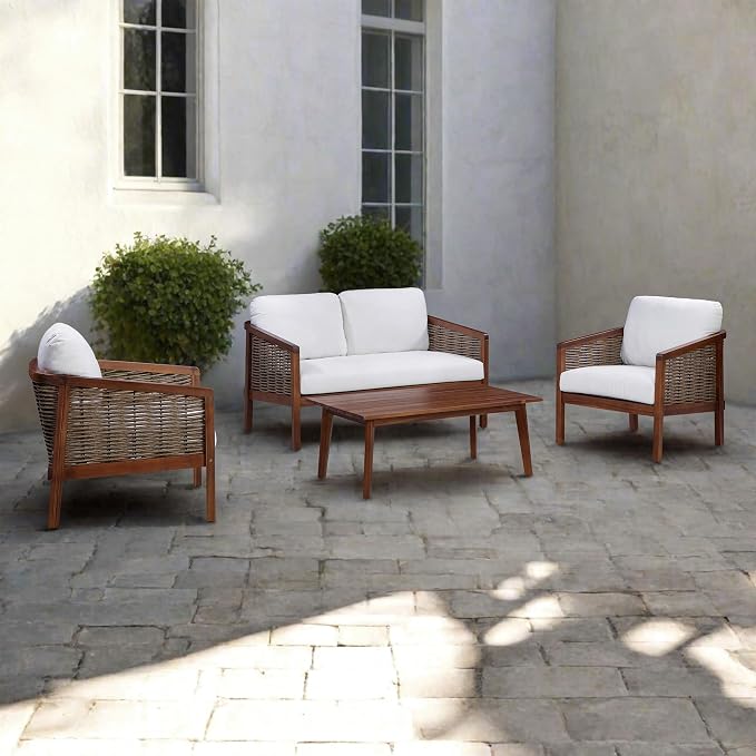 Teamson Home 4-Piece Outdoor Patio Furniture Set, Brown | Cushions Included, Acacia Wood Frame, Wicker Accent, Weather-Resistant, Sofa, Chairs & Coffee Table