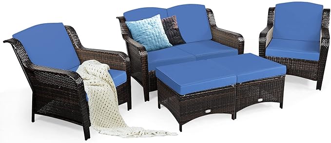 Tangkula 5 Pieces Patio Furniture Set, Outdoor Rattan Conversation Sofa Set with Loveseat, Single Sofas and Ottoman, Sectional Sofa Set with Removable Cushions for Porch, Backyard, Balcony, Lawn
